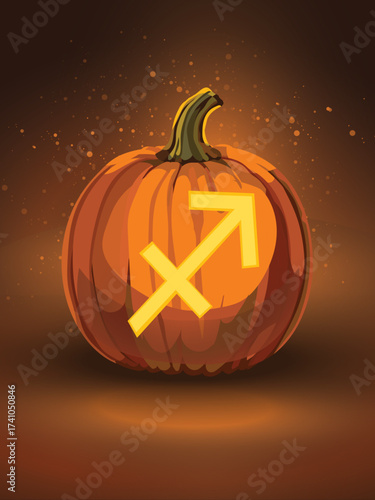 Arrowlight Ember – Sagittarius Zodiac Pumpkin. A glowing jack-o'-lantern carved with the Sagittarius zodiac symbol, radiating golden-orange light against a dark, ember-speckled backdrop. 