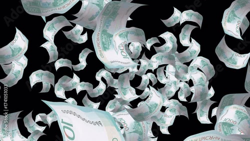 Set Of Indian Rupee, Russian Ruble, South African Rand, Turkish Lira, And Brazillian Real Banknotes Explosion With Transparent Background