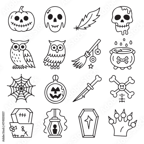 Vector illustration set of cartoon fun owls and Halloween icons collection