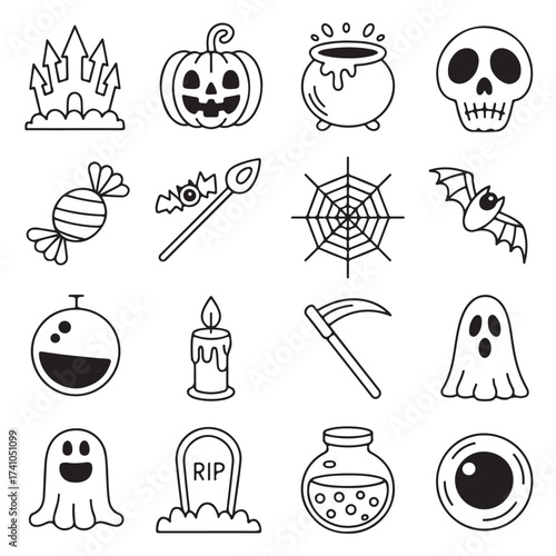 The Halloween icons set features a collection of vector silhouette illustrations and symbols for a black holiday party design