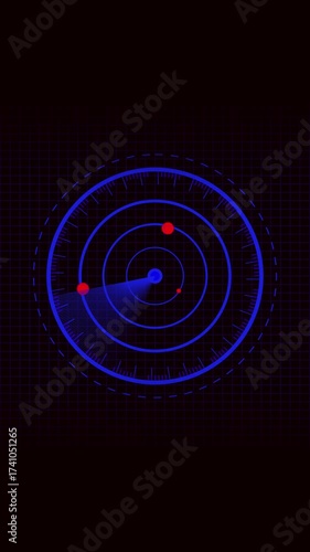 Animated blue radar screen. Vertical video sci-fi interface with rotating blips and signal scan. Rotating blue radar loop. Vertical video HUD interface animation with signals and scan pulses.