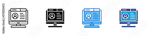 User Profile Multiple Style Icon Design Vector - Computer screen with user profile page, representing account, login, and personal information