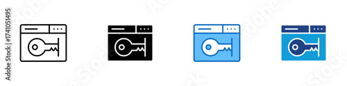 Web Key Multiple Style Icon Design Vector - Browser window with a key, symbolizing online access, entry control, and digital security
