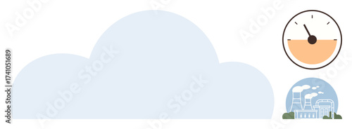 Large smog cloud from factory chimneys and emissions linked to pollution with a circular measuring gauge. Ideal for climate change, environmental monitoring, air quality, pollution impact, energy