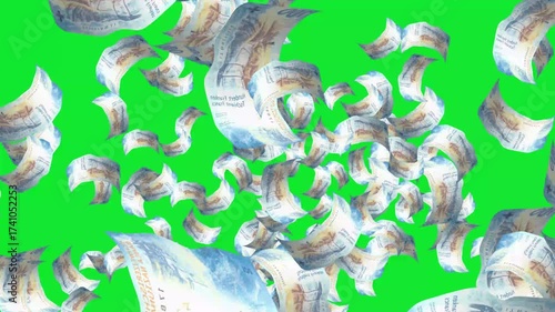 Set Of Canadian Dollar, Swiss Franc, Chinese Yuan, Hong Kong Dollar And New Zealand Dollar Banknotes Explosion With Green Background