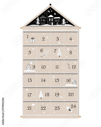Happy Holidays wall hanging textile pocket advent calendar in Scandinavian style. Isolated vector illustration.