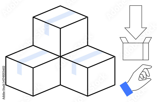 Three stacked boxes with tape, an open box with a downward arrow, and a hand pointing gesture. Ideal for delivery, logistics, packaging, shipping, organization unpacking storage visuals. Simple