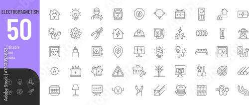 ELECTROMAGNETISM Line Editable Icons set. Vector illustration in modern thin line style of electrical energy related icons: electricity meter, electric cable, electrical panel, and more. 