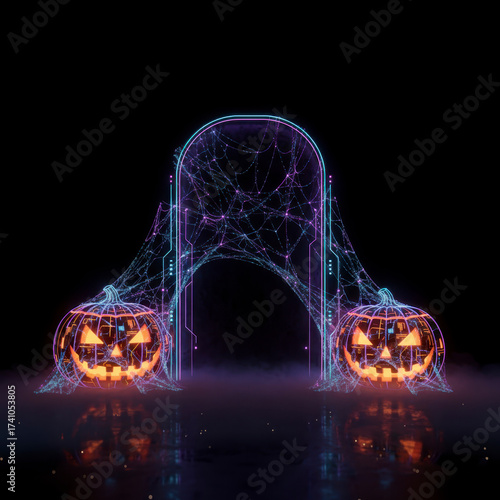 Futuristic, glowing archway covered in a neon digital spiderweb with illuminated jack-o'-lanterns on each side, set on a dark, smoky ground.

