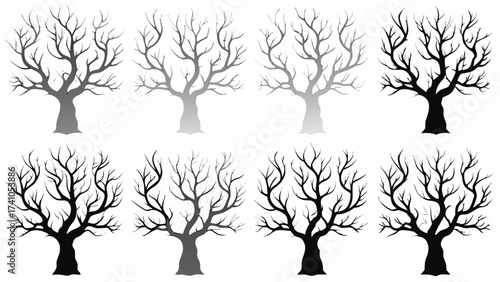 Dramatic bare trees artfully arranged, perfect for spooky season designs, winter scenes, or nature-inspired creative projects that need a touch of dark elegance