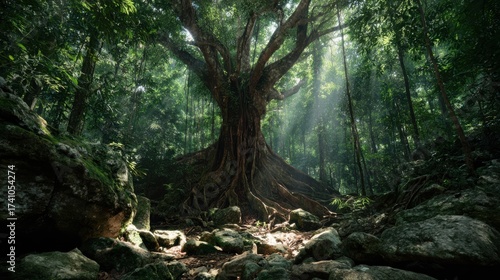 Wallpaper Mural Enormous Bodhi tree in the deep rainforest, roots entwined with stones, sunlight filtering through lush green canopy, film-style lighting Torontodigital.ca