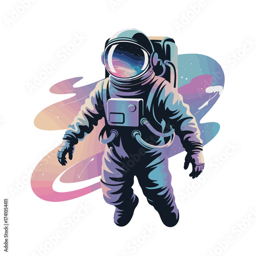 Astronaut floating in space T-shirt Design. Universe exploration illustration. Galaxy stars background. Spaceman in zero gravity. Cosmic adventure. Planet discovery.