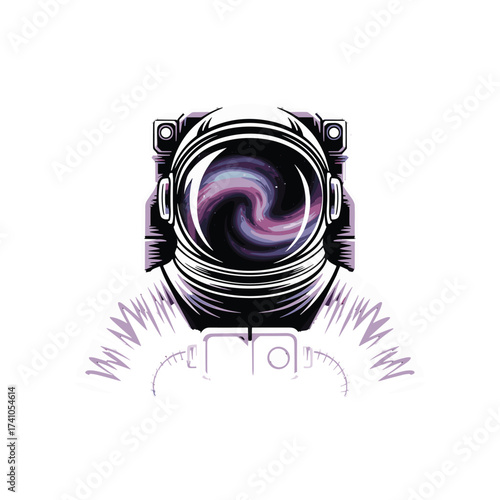 Astronaut helmet nebula swirl space voyager T-shirt Design print for apparel. Cosmic galaxy explorer headgear. Universe celestial body adventure journey.