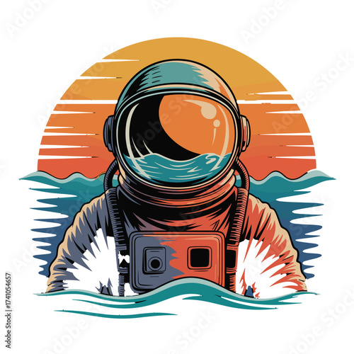 Astronaut in water T-shirt Design, space suit in ocean waves, sunset behind floating cosmonaut, surreal deep sea diver illustration.