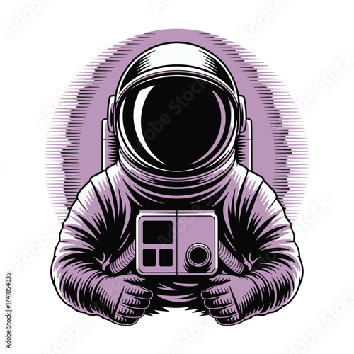 Astronaut in space suit, dark helmet visor, space exploration T-shirt Design. cosmic journey. Universe adventure.