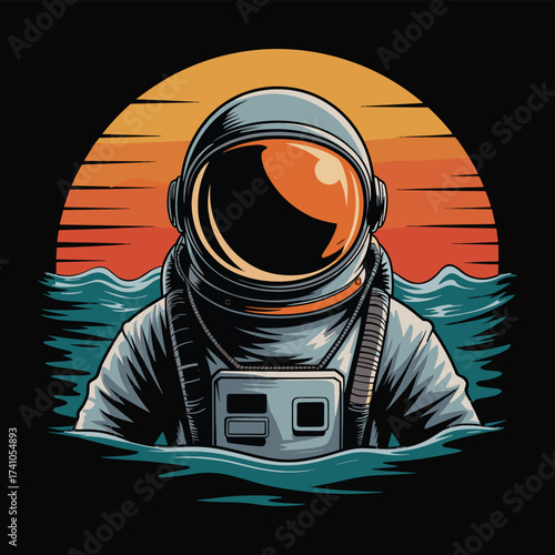 Astronaut immersed in ocean waters with sunset on horizon, unique T-shirt Design. Ideal for adventure themed apparel.