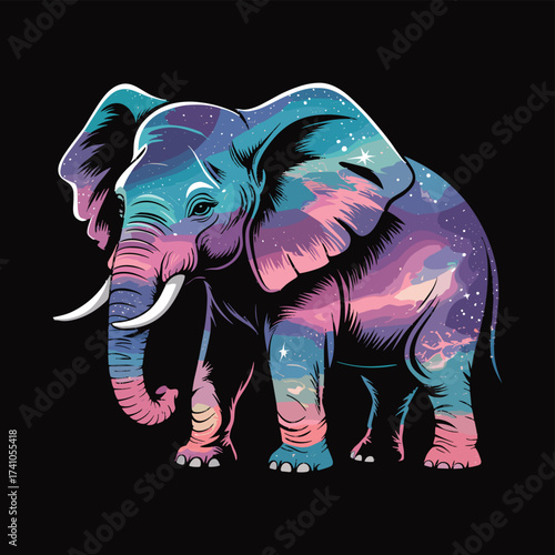 Stunning elephant with cosmic nebula pattern. Galactic creature with star-filled skin. Vibrant space-themed animal for apparel. Elephant illustration for T-shirt Design or decoration.