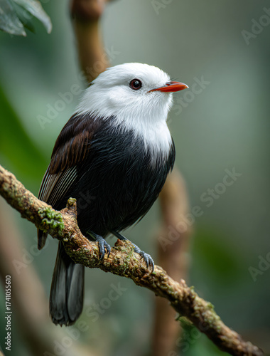 White-bearded manakin bird sitting on a branch