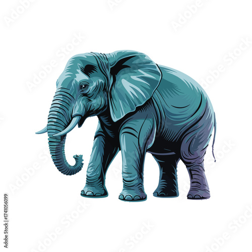 Elephant animal illustration in blue and purple tones, detailed skin texture, and strong tusks. T-shirt Design perfect for wildlife, nature conservation, and safari themes.
