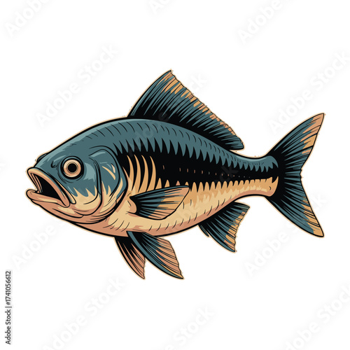 Fish T-shirt Design freshwater animal. Carp lake river ocean aquatic wildlife. Fishing sport. Sea creature. Underwater animal. Fin scale. Aquatic wildlife. Marine life. Angler hobby. Bass fish.