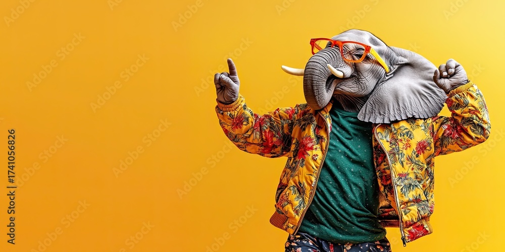 Fototapeta premium A fashionable elephant dressed in a trendy jacket and glasses dances on a wide banner with space for text