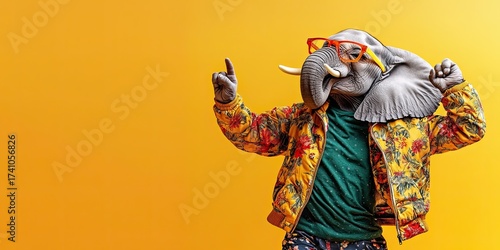 A fashionable elephant dressed in a trendy jacket and glasses dances on a wide banner with space for text