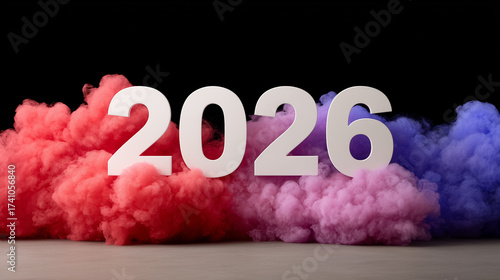 Large 2026 digits with pink and purple smoke on dark background