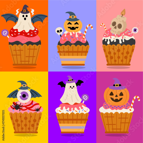Set of Cute Halloween Cupcakes with Ghost, Pumpkin, Skull, and Eyeball Decorations — Flat vector illustration set of cute Halloween cupcakes decorated with ghosts, pumpkins, skulls, eyeballs, bats, an
