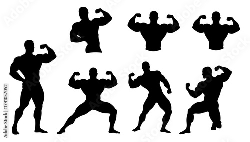 Bodybuilder Silhouette Set.Muscular Men Flexing Poses Collection, Fitness Vector Icons.