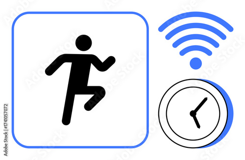 Running figure, clock, and wireless indicate fitness tracking, time management, and smart technology. Ideal for health apps, remote monitoring, activity tracking, sports time-saving goal setting
