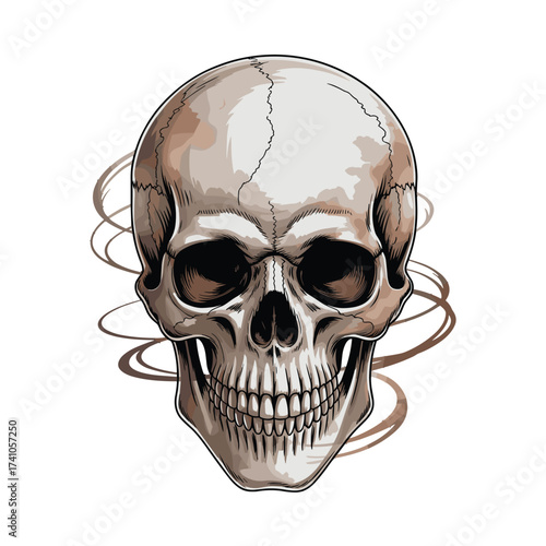 Detailed human skull T-shirt Design. Anatomical head bone drawing with abstract brown swirls. Gothic element for clothing. Scary but interesting bone structure.
