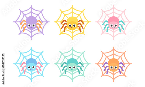 Colorful cartoon spiders on webs in cute playful style for children's design