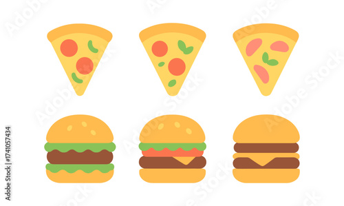 Flat style pizza and burger icons for modern menu design