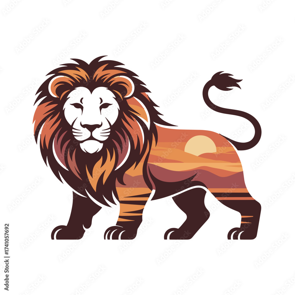 Obraz premium Powerful lion standing, savanna landscape with sunset inside its body, wild nature T-shirt Design. safari animal. Wildlife emblem.