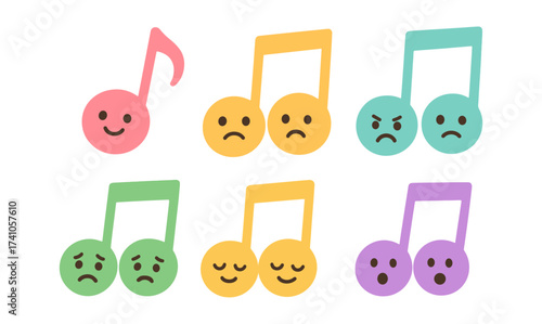Colorful music note faces expressing various emotions in flat design style