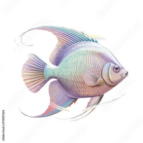 Iridescent angelfish T-shirt Design, freshwater fish with flowing fins, tropical aquarium creature, colorful aquatic life illustration.