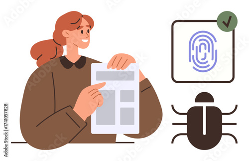 Woman holding document beside icons showing secure fingerprint authentication with verification checkmark and bug detection graphic. Ideal for cybersecurity, data security, authentication, malware