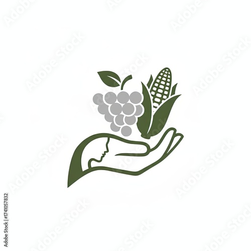 Organic agriculture icon featuring a caring hand with a human profile holding a bunch of grapes and an ear of corn, symbolizing food, cultivation, and natural health.