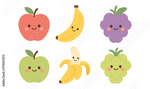 Cute kawaii fruit characters with smiling faces in cartoon style