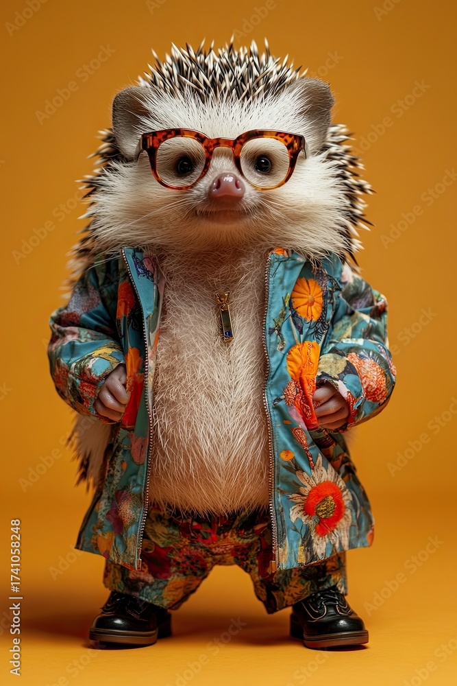 Obraz premium A fashionable hedgehog dressed in a trendy jacket and glasses dances on a wide banner with space for text