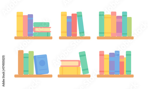 Colorful books on shelves in flat design for study or library themes