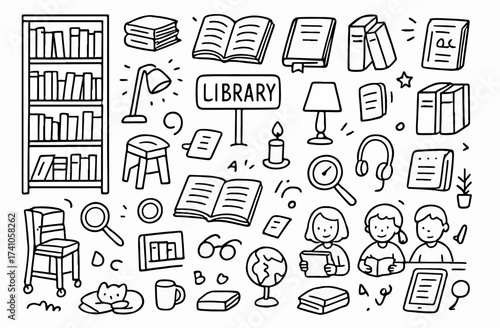 Hand-drawn Doodle Style Vector Set of School Library and Reading Doodles, Black Outline Sketch Illustrations, Ideal for Both Digital and Print Use
