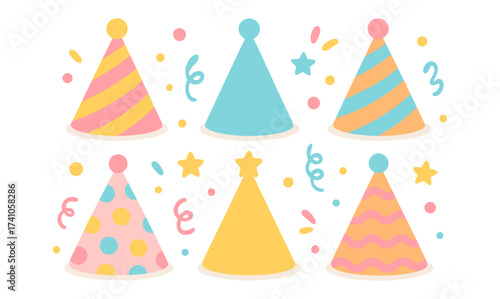 Colorful party hats with festive patterns in playful cartoon style for celebration themes