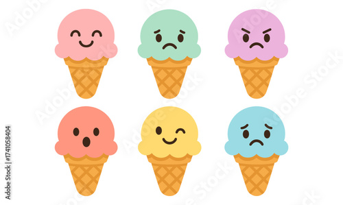Cute ice cream cones with various emoji faces and expressions