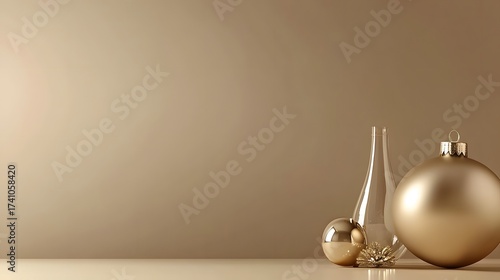 Elegant gold christmas ornaments on neutral background festive scene