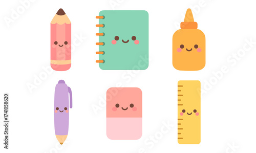 Cute kawaii school supplies with smiling faces in flat style