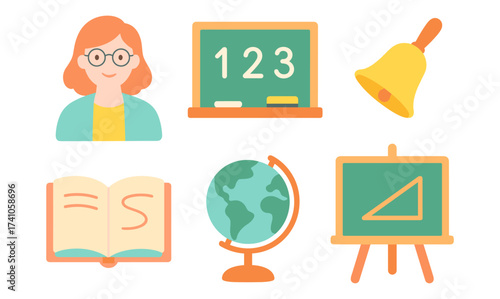 Colorful education icons featuring teacher, blackboard, globe, and more