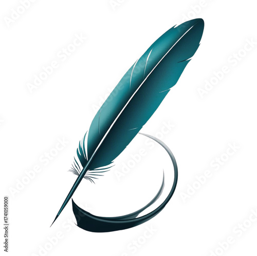 Teal Feather Quill with Swirling Ink Stroke writing