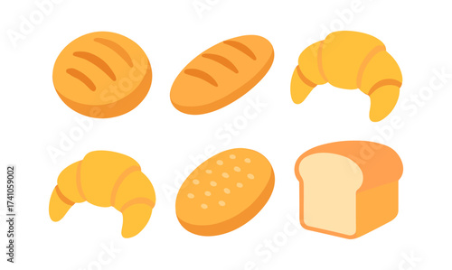 Assorted bread collection: fresh bakery goods in flat style
