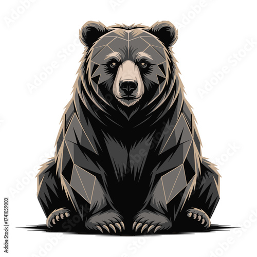 Geometric bear T-shirt design. Stylized forest animal illustration. Powerful grizzly predator wildlife character. Sitting beast mammal artwork.